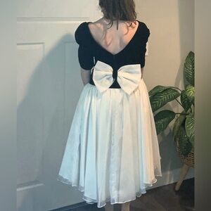 Vintage 1980’s Black Velvet & Tulle Gown With Stunning Low Back + Bow Medium